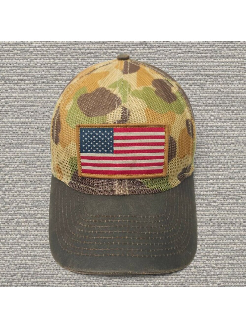 Duck Camo US Flag Patch Trucker Hat Mesh Snapback Cap Rustic Patriotic Y2K Gorp